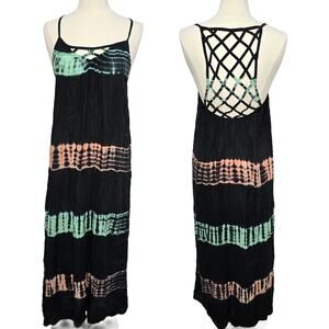 Tiare Hawaii Womens Tie Dye Maxi Dress Cage Racerback OS Black Beach Cover Up